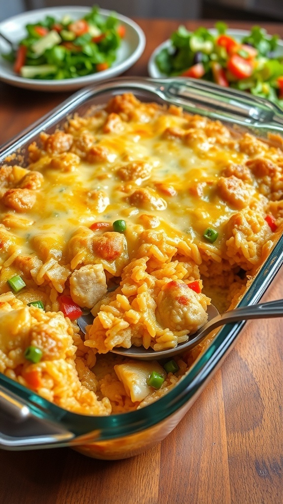 A golden brown chicken and rice casserole with melted cheese and mixed vegetables, served in a casserole dish on a wooden table.